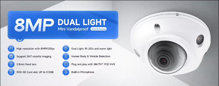 JL-Ik10 Mini Vandalproof Dome 2.8Mm Vaste Lens 8Mp Ip Camer 4K Dubbele Licht